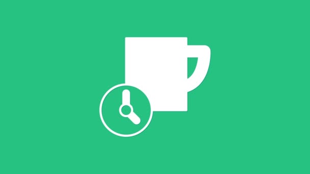 Icono de gestión del tiempo blanco aislado sobre fondo verde. Signo de reloj y taza de café. Símbolo de productividad. Animación gráfica de vídeo 4K — Vídeo de stock