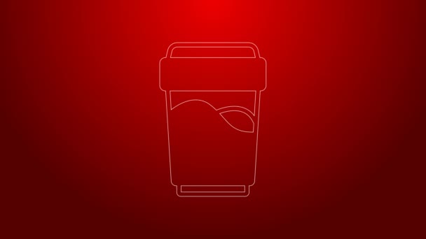 Línea verde Cristal con icono de agua aislado sobre fondo rojo. Vidrio de soda. Animación gráfica de vídeo 4K — Vídeo de stock