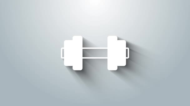Символ "Белый гантель" выделен на сером фоне. Икона поднятия мышц, фитнес-штанга, тренажерный зал, спортивный инвентарь, гимнастика. Видеографическая анимация 4K — стоковое видео