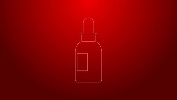 Línea verde Icono de botella de aceite esencial aislado sobre fondo rojo. Esencia de aromaterapia orgánica. Cuidado de la piel suero vaso gota paquete. Animación gráfica de vídeo 4K — Vídeo de stock