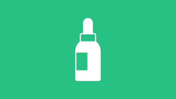 Icono blanco de la botella de aceite esencial aislado sobre fondo verde. Esencia de aromaterapia orgánica. Cuidado de la piel suero vaso gota paquete. Animación gráfica de vídeo 4K — Vídeo de stock