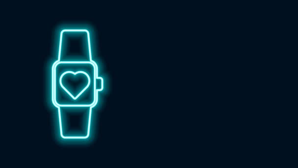 Glowing neon line Smart watch showing heart beat rate icon isolated on black background. Fitness App concept. 4K Video motion graphic animation — Stock Video