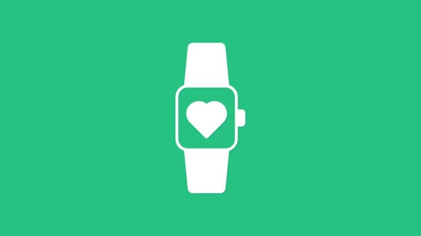 Reloj inteligente blanco que muestra el icono de ritmo cardíaco aislado sobre fondo verde. Concepto de aplicación Fitness. Animación gráfica de vídeo 4K — Vídeos de Stock