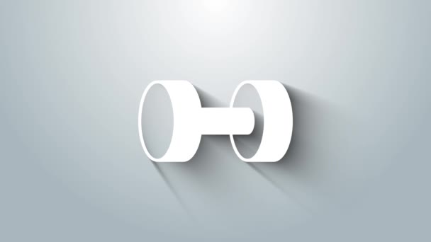 Icono de Dumbbell blanco aislado sobre fondo gris. Icono de levantamiento muscular, barra de fitness, gimnasio, equipo deportivo, bumbbell ejercicio. Animación gráfica de vídeo 4K — Vídeos de Stock