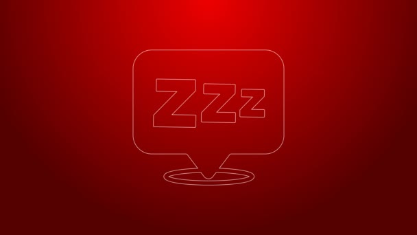 Línea verde Icono somnoliento aislado sobre fondo rojo. Sleepy zzz burbuja de conversación negro. Animación gráfica de vídeo 4K — Vídeo de stock
