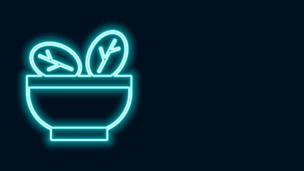 Leuchtende Neon-Linie Salat in Schüssel Symbol isoliert auf schwarzem Hintergrund. Frischer Gemüsesalat. Gesunde Ernährung. 4K Video Motion Grafik Animation — Stockvideo