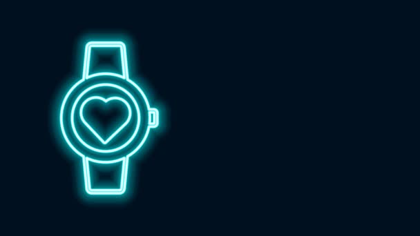 Gloeiende neon lijn Slim horloge met hartslag pictogram geïsoleerd op zwarte achtergrond. Fitness App concept. 4K Video motion grafische animatie — Stockvideo