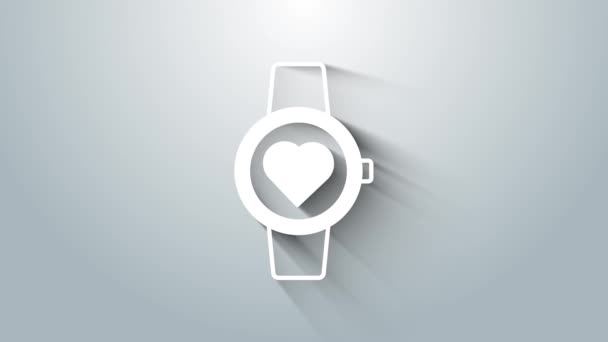 Montre intelligente blanche montrant l'icône de fréquence cardiaque isolée sur fond gris. Concept d'application de fitness. Animation graphique de mouvement vidéo 4K — Video