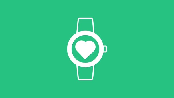 White Smart watch showing heart beat rate icon isolated on green background. Fitness App concept. 4K Video motion graphic animation — Stock Video