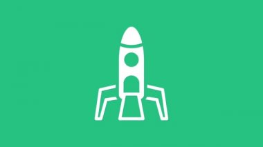 Beyaz Roket gemisi simgesi yeşil arkaplanda izole edildi. Uzay yolculuğu. 4K Video hareketli grafik canlandırması