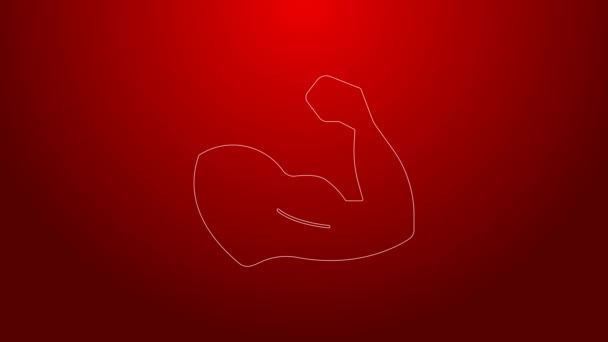 Green line Bodybuilder zeigt sein Muskel-Symbol isoliert auf rotem Hintergrund. Fit Fitness Stärke Gesundheit Hobby-Konzept. 4K Video Motion Grafik Animation — Stockvideo
