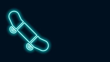 Parlayan neon hattı kaykay üçlemesi simgesi siyah arkaplanda izole edildi. Olağanüstü bir spor. Spor malzemeleri. 4K Video hareketli grafik canlandırması