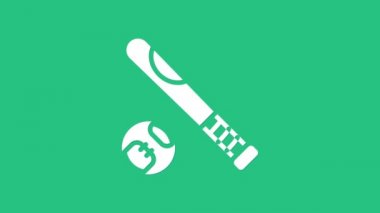 Yeşil zemin üzerinde top ikonu olan beyaz beyzbol sopası. 4K Video hareketli grafik canlandırması