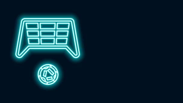 Leuchtende Neon-Linie Fußballtor mit Ball-Symbol isoliert auf schwarzem Hintergrund. 4K Video Motion Grafik Animation — Stockvideo