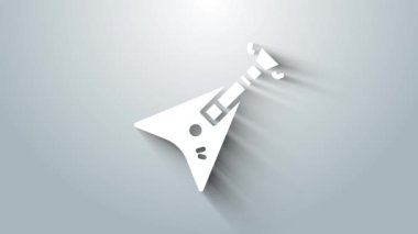 Gri arkaplanda beyaz elektro gitar ikonu izole edildi. 4K Video hareketli grafik canlandırması