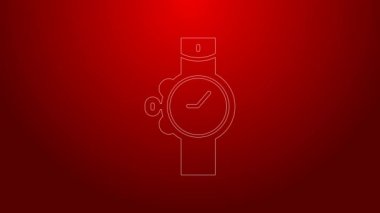 Yeşil çizgi bilek saat simgesi kırmızı arkaplanda izole. Kol saati simgesi. 4K Video hareketli grafik canlandırması