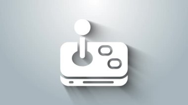 Atari makinesi simgesi için beyaz Joystick gri arkaplanda izole edildi. Joystick oyun alanı. 4K Video hareketli grafik canlandırması