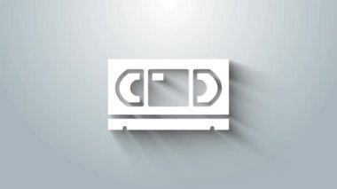 Gri arkaplanda beyaz VHS video kaset ikonu izole edildi. 4K Video hareketli grafik canlandırması