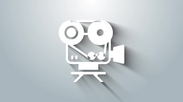 Weißes Retro-Kino-Kamera-Symbol isoliert auf grauem Hintergrund. Videokamera. Filmschild. Filmprojektor. 4K Video Motion Grafik Animation — Stockvideo