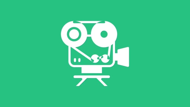 White Retro cinema camera icon isolated on green background. Video camera. Movie sign. Film projector. 4K Video motion graphic animation — Vídeo de Stock