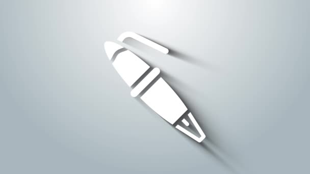 Значок перо белого фонтана изолирован на сером фоне. Знак инструмента ручки. Видеографическая анимация 4K — стоковое видео