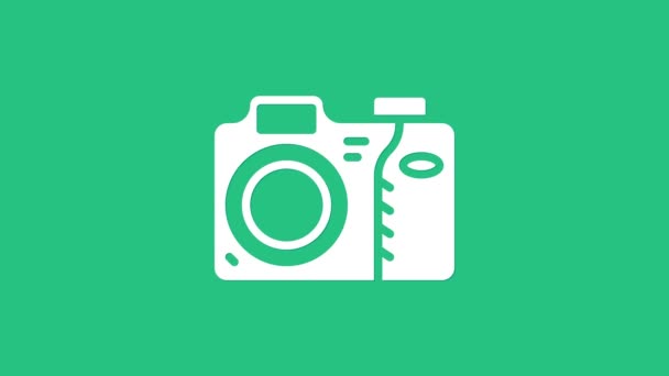 Weißes Symbol der Fotokamera isoliert auf grünem Hintergrund. Ikone der Fotokamera. 4K Video Motion Grafik Animation — Stockvideo