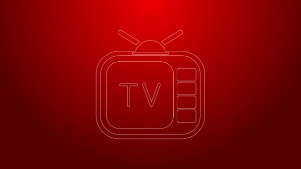 Yeşil çizgi Retro TV simgesi kırmızı arkaplanda izole edildi. Televizyon tabelası. 4K Video hareketli grafik canlandırması — Stok video