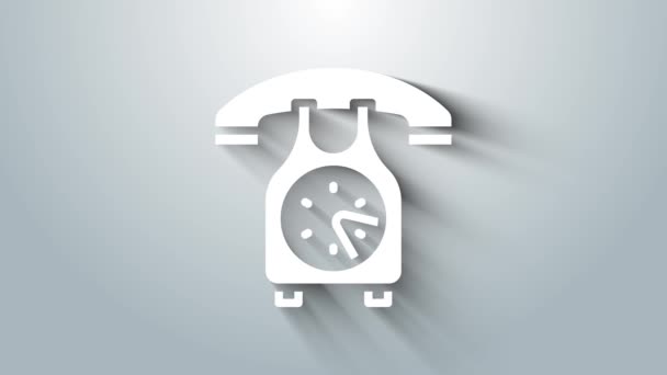 Εικονίδιο συσκευής λευκού τηλεφώνου απομονωμένο σε γκρι φόντο. Τηλεφωνικό σήμα. 4K Γραφική κίνηση κίνησης βίντεο — Αρχείο Βίντεο