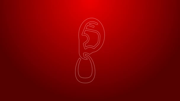 Green line Ear with earring icon isolated on red background. Piercing. Auricle. Organ of hearing. 4K Video motion graphic animation — Video Stock