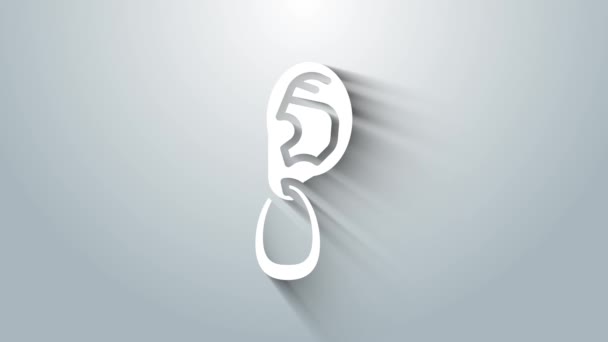 Weißes Ohr mit Ohrringsymbol isoliert auf grauem Hintergrund. Stechend. Aurich. Organ des Gehörs. 4K Video Motion Grafik Animation — Stockvideo