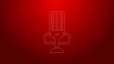 Yeşil çizgi mikrofon simgesi kırmızı arkaplanda izole edildi. Radyodaki mikrofondan. Sözcü işareti. 4K Video hareketli grafik canlandırması