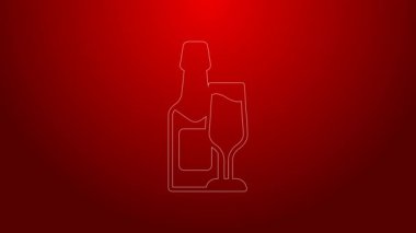 Yeşil çizgi şampanya şişesi ve kırmızı arka planda izole edilmiş bir bardak şampanya ikonu. Mutlu Noeller ve mutlu yıllar. 4K Video hareketli grafik canlandırması