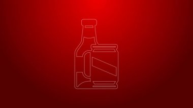 Kırmızı arka planda yeşil çizgi bira şişesi ve bira kutusu ikonu var. 4K Video hareketli grafik canlandırması