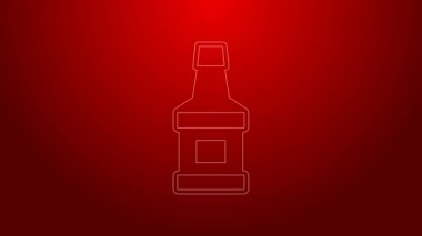 Yeşil çizgi viski şişesi simgesi kırmızı arkaplanda izole edildi. 4K Video hareketli grafik canlandırması
