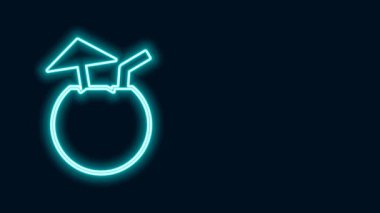Parlayan neon hattı Hindistan cevizi suyu egzotik kokteyl ve şemsiye ikonu siyah arka planda izole edilmiş. 4K Video hareketli grafik canlandırması