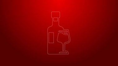 Kırmızı arka planda cam ikonlu yeşil çizgi şarap şişesi. 4K Video hareketli grafik canlandırması