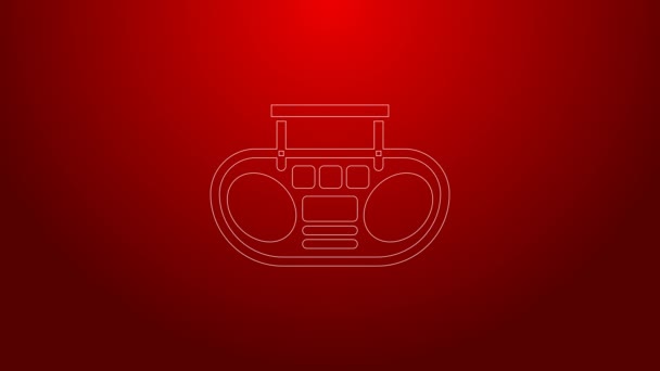 Línea verde Estéreo casero con dos altavoces icono aislado sobre fondo rojo. Sistema de música. Animación gráfica de vídeo 4K — Vídeo de stock