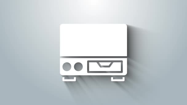 White Old video cassette player icon isolated on grey background. Old beautiful retro hipster video cassette recorder. 4K Video motion graphic animation — Vídeo de Stock