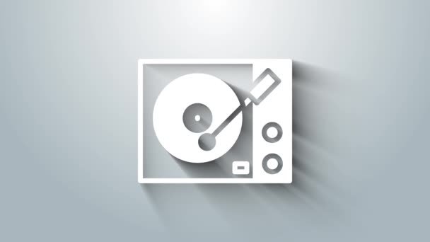 Witte Vinyl speler met een vinyl disk icoon geïsoleerd op grijze achtergrond. 4K Video motion grafische animatie — Stockvideo
