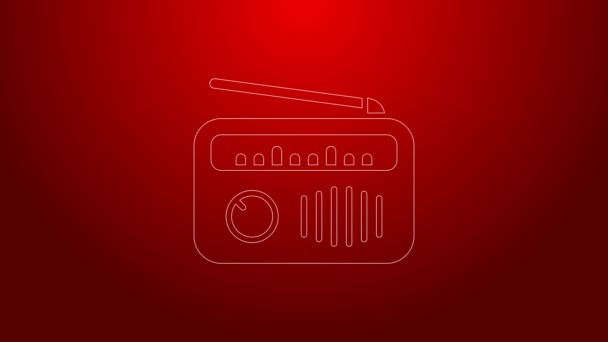 Green line Radio with antenna icon isolated on red background. 4K Video motion graphic animation — Stock Video