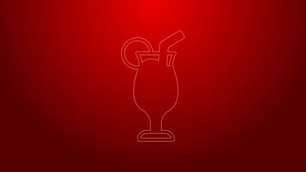 Green line Cocktail and alcohol drink icon isolated on red background. 4K Video motion graphic animation — Video