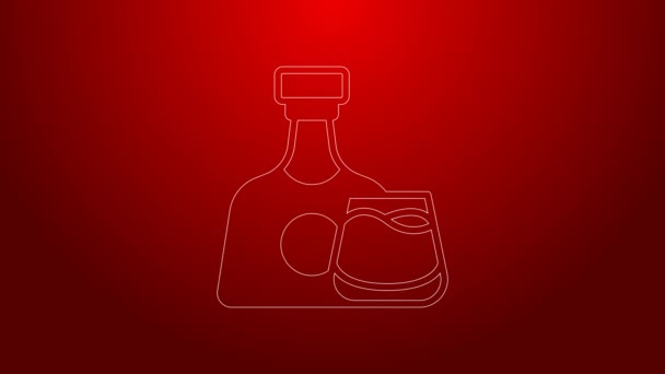 Línea verde Whisky botella y cristal icono aislado sobre fondo rojo. Animación gráfica de vídeo 4K — Vídeos de Stock