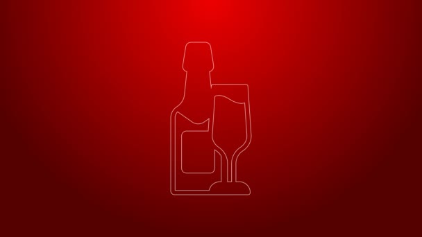 Zelená čára Láhev šampaňského a sklenice ikony šampaňského izolované na červeném pozadí. Veselé Vánoce a šťastný nový rok. Grafická animace pohybu videa 4K — Stock video
