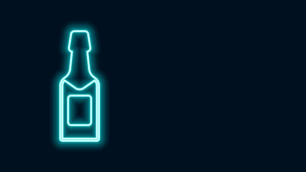 发亮的霓虹灯线香槟瓶子图标隔离在黑色背景。4K视频运动图形动画 — 图库视频影像