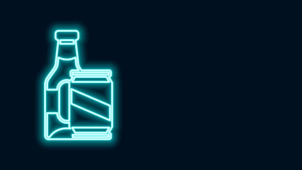 Glowing neon line Beer bottle and beer can icon isolated on black background. 4K Video motion graphic animation — Stock Video