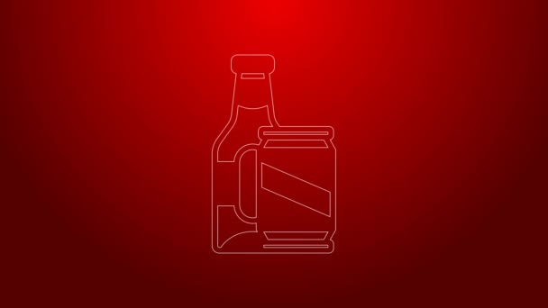 Green line Beer bottle and beer can icon isolated on red background. 4K Video motion graphic animation — Vídeo de Stock