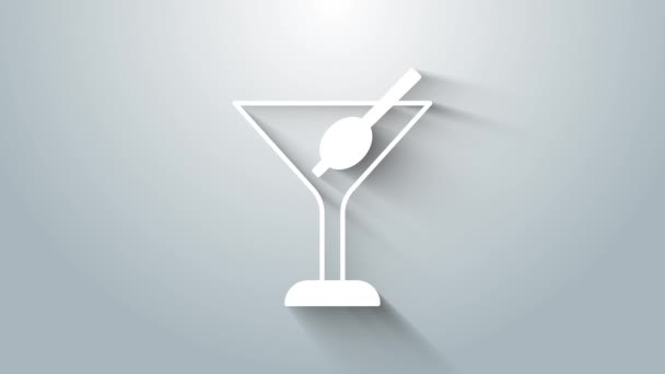 Icono de vidrio Martini blanco aislado sobre fondo gris. Icono de cóctel. Icono de copa de vino. Animación gráfica de vídeo 4K — Vídeos de Stock