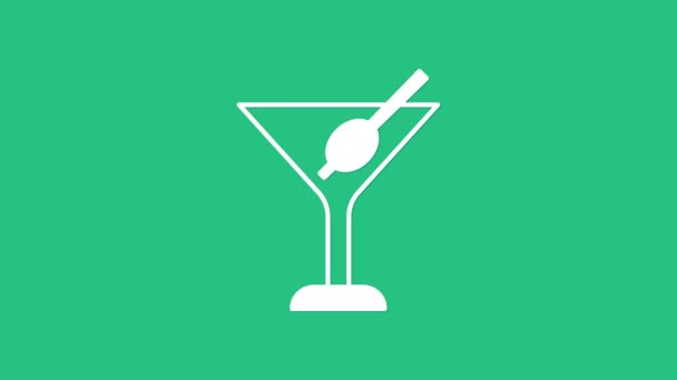 White Martini glass icon isolated on green background. Cocktail icon. Wine glass icon. 4K Video motion graphic animation — Stock Video