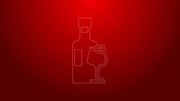 Green line Wine bottle with glass icon isolated on red background. 4K Video motion graphic animation — Vídeo de Stock