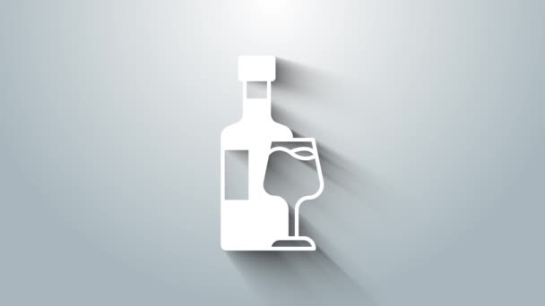 Botella de vino blanco con icono de vidrio aislado sobre fondo gris. Animación gráfica de vídeo 4K — Vídeos de Stock